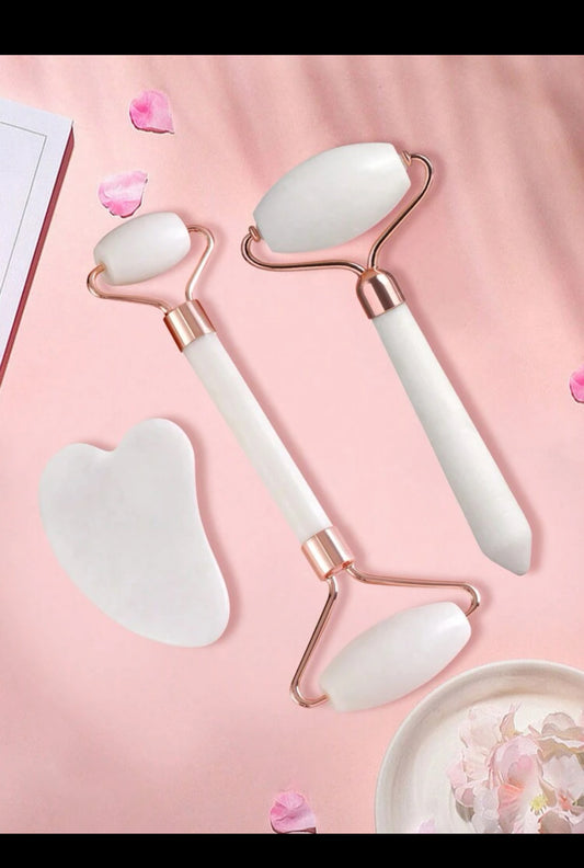 2 pcs Facial Massage Roller + 1 pcs Guasha Board,Massage tool for Face and Body Treatment Relief stress and Reduce Puffiness (imported).
