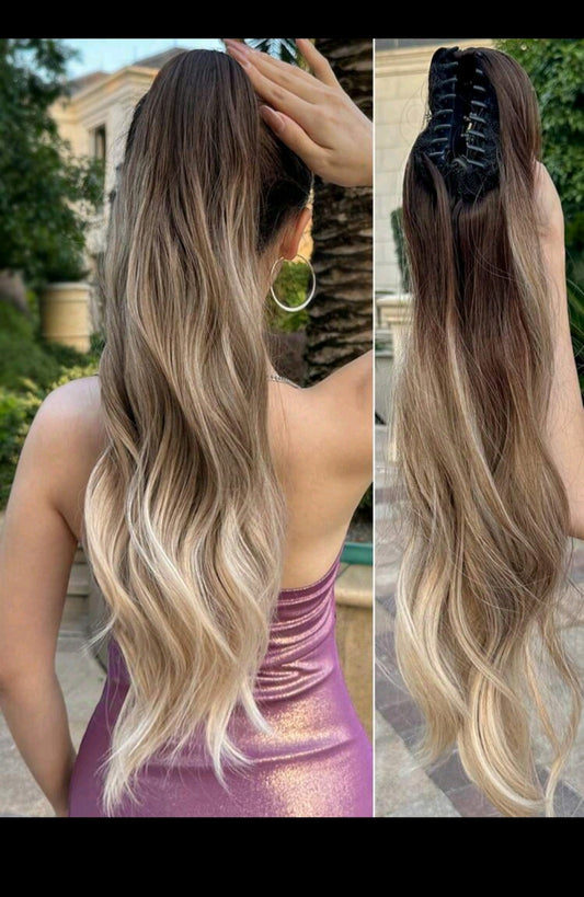 Claw Ponytail Extensions Hair Long Water Wave Hair Ombre 24 Inch Heat Resistant Fiber Synthetic Hairpiece For Women Girls Party Daily Use